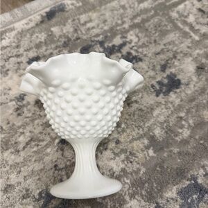 Vintage Fenton White Milk Glass Hobnail Footed Compote Bowl Ruffled Edge MCM